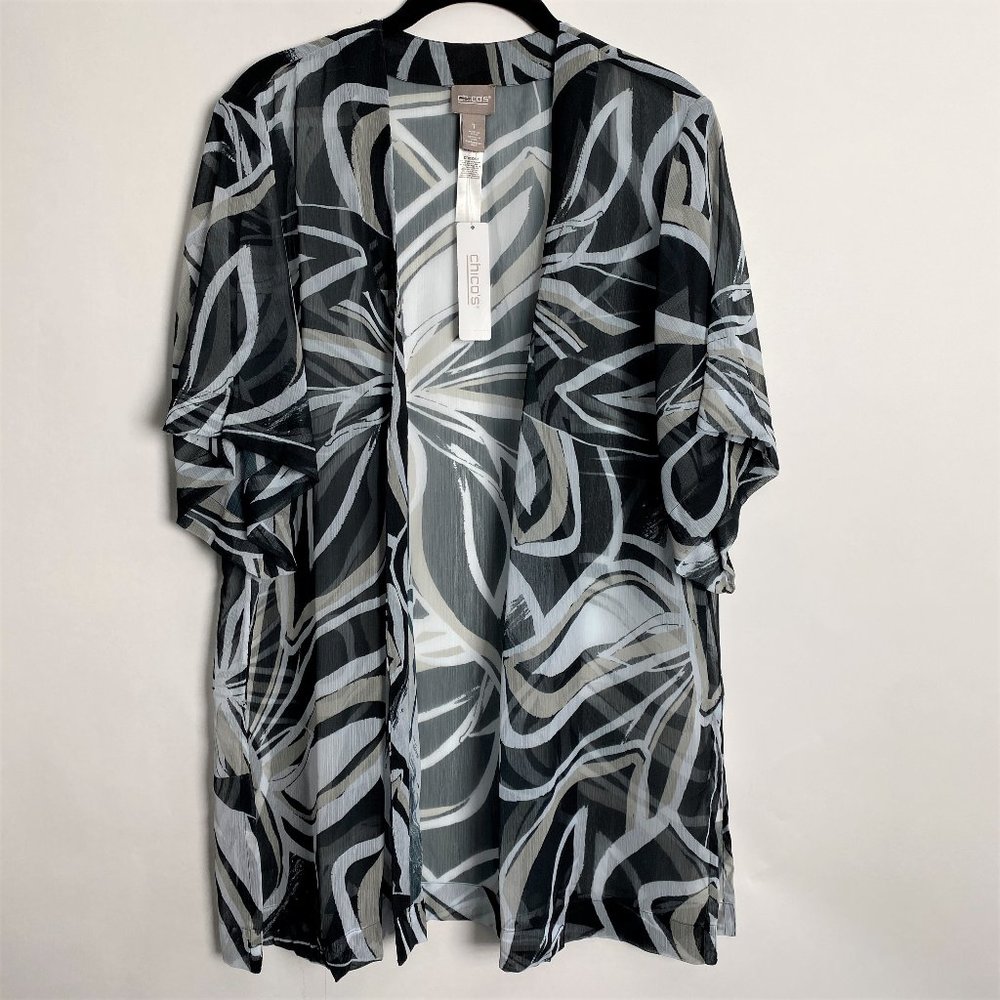 NWT $65 CHICO'S LINEAR FLORAL SHEER KIMONO JACKET COVER UP TOP MEDIUM